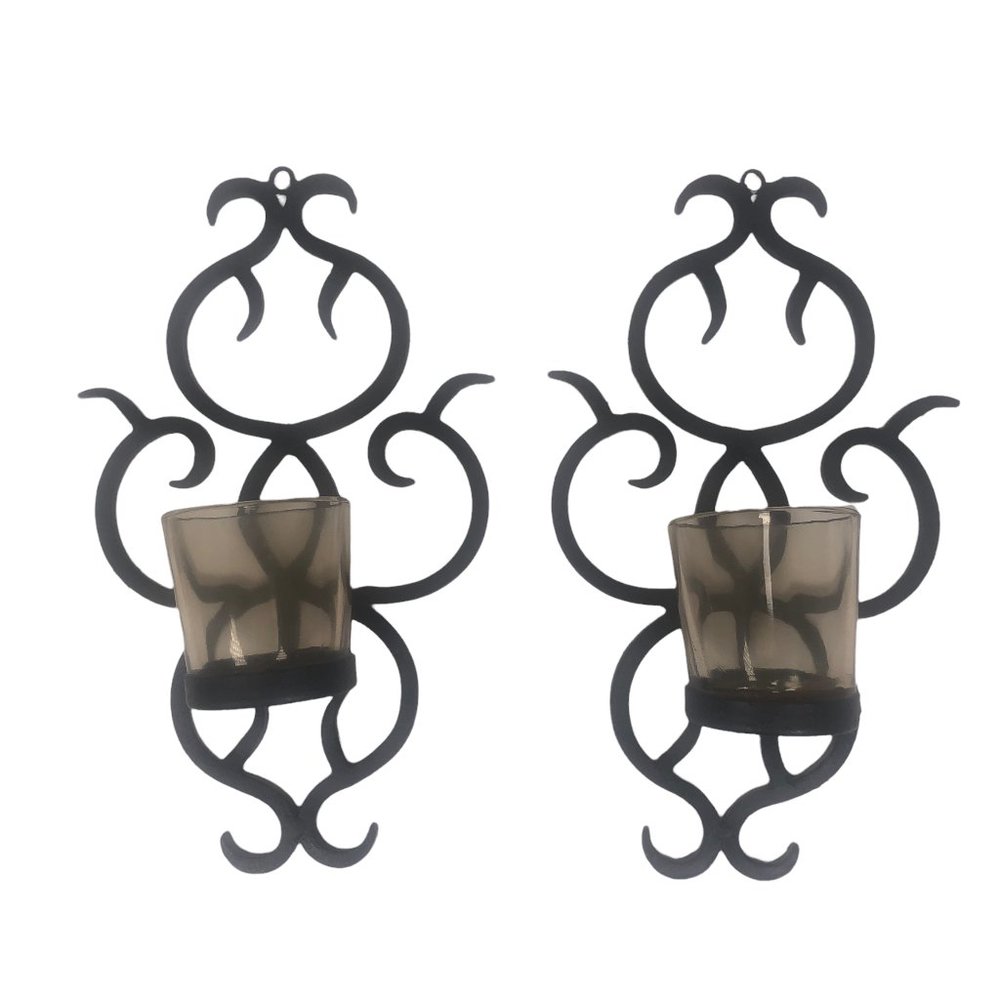 Set of 2 Dark Brown Hanging Wall Wrought Iron Candle Holder Gothic Home Decor